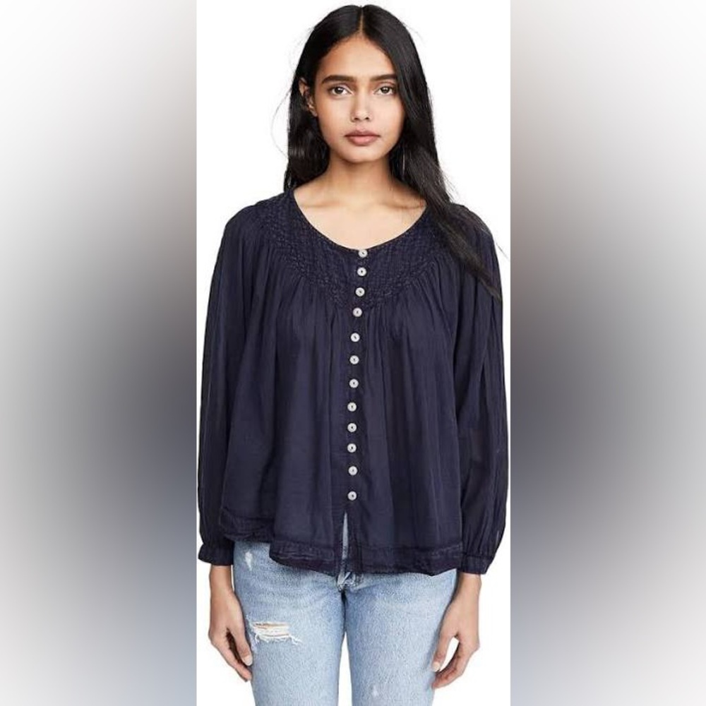 We The Free Navy Button-Front Peasant Blouse